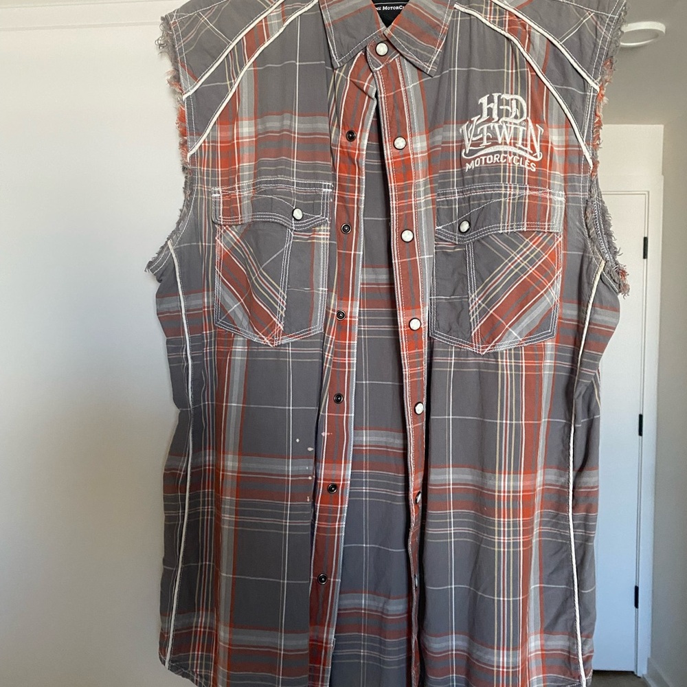 Harley-Davidson Gray and Orange Plaid Sleeveless Button-Down Shirt